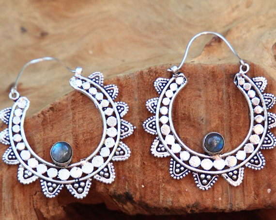 LABRADORITE EARRINGS - Statement Bohemian Earrings - Tribal Jewellery - Sacred Geometry - Ethnic - Sale - Handmade crystal jewellery gift