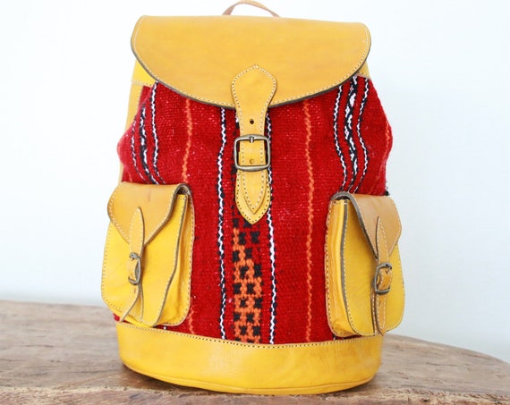 XL VINTAGE RUCKSACK - Bright Yellow Large Rucksack - 60's 70's Backpack - Aztec - Vintage Moroccan Kilim - Student School bag - Travel bag