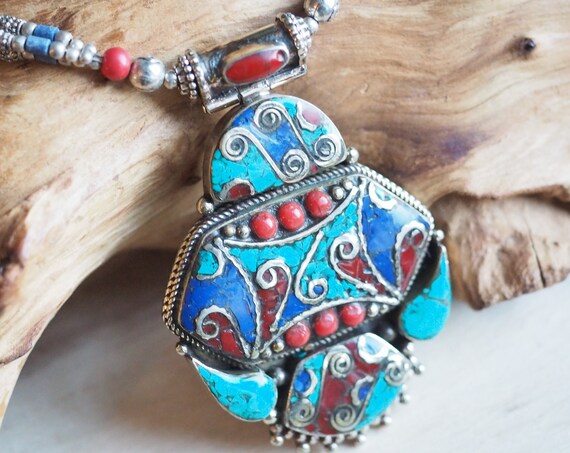 VINTAGE NEPAL NECKLACE - Xl Statement jewellery - Coral - Turquoise - Nepali - Buddhist - Tibetan - Semi Precious - Antique Style Gift Set
