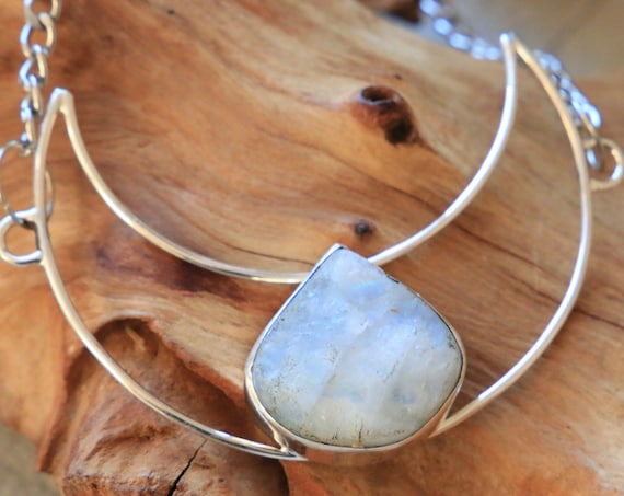 GLOWING MOON NECKLACE - Iridescent Moonstone - Sterling Silver - Bespoke Moon Necklace - Rare raw Moonstone - Rough Crystal - Birth Moon