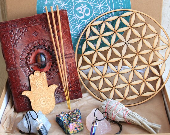 CRYSTAL GRID PACKAGE - Crystal Cleanse Box - Self Care Gift Set - Crystal Journal - Sage Bundle - Aura Quartz - Gift box - Witch Wicca gift