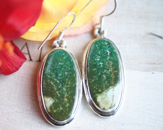 MOUNTAIN TURQUOISE EARRINGS - Natural Green Turquoise - Recycled 925 Sterling Silver - Vintage - Navajo - Aztec - December Birthstone Gift