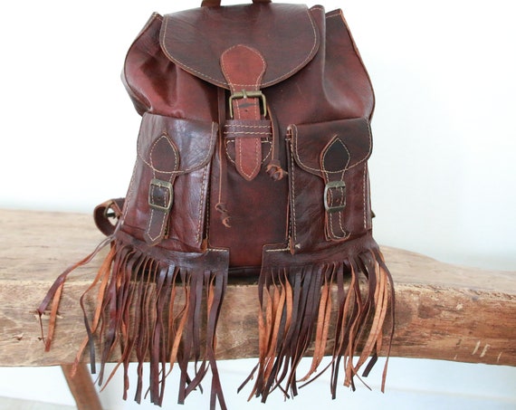 VINTAGE FRINGE RUCKSACK - Leather Tassel Bag - Fringe Bag - Vintage Leather Satchel - Lined Leather Travel Rucksack - Rare Vintage - Hippie