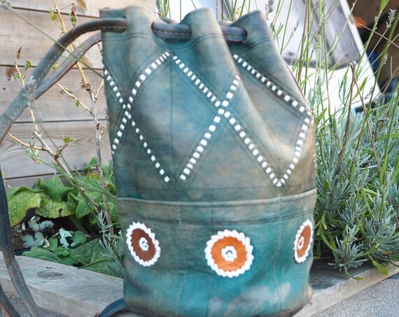 TIE DYE BAG - Green leather - Small Vintage Handbag - Soft Leather Bucket Bag - Moroccan - Recycled Leather Purse - Mini backpack - Rucksack