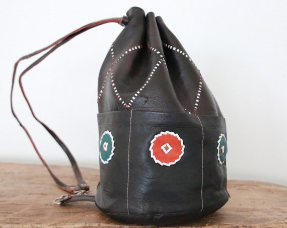 BLACK VINTAGE BAG - Leather over shoulder bag - Duffle bag - Aztec - Bohemian - Tribal - Duffle - Satchel - Bespoke - Autumn - 70's - 60's