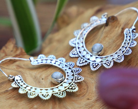 MOONSTONE FLOWER EARRINGS - Statement Bohemian Set - Tribal jewellery Sale - Handmade crystal jewellery - Moon Gift - Zodiac - Birthstone