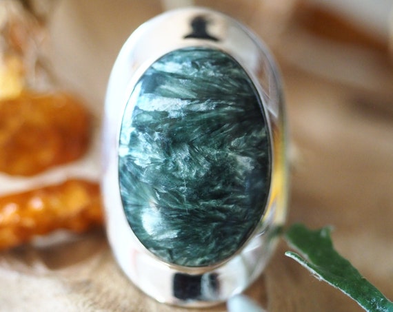 XL SERAPHINITE RING - Extra large Ring - Seraph Crystal - Adjustable - 925 Solid Silver - Green Cosmic Crystal - Metaphysical Angel Gemstone