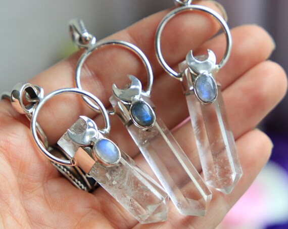 QUARTZ MOON NECKLACE - Moonstone / labradorite Necklace - Gemstone - Sterling silver - Witchcraft - Galaxy - Cleansing Crystal - Magic Moon