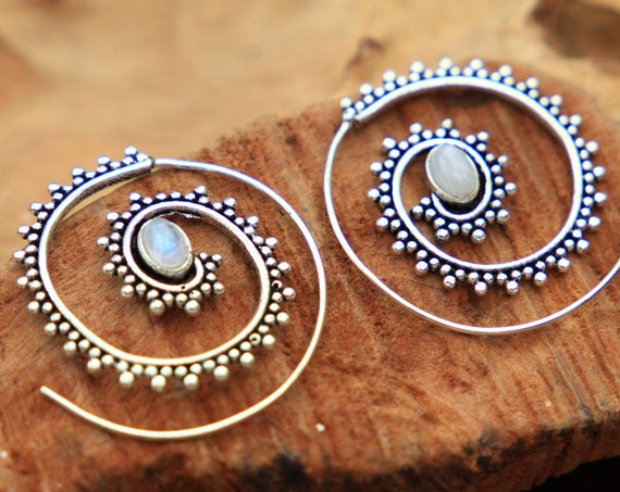MOONSTONE SPIRAL EARRINGS - Tribal Crystal Earrings - Twist Earrings - Sacred Geometry Style - Ethnic Gift - Stocking filler boho Jewellery
