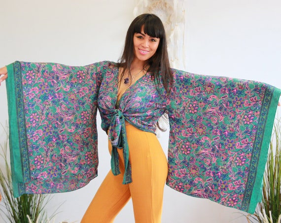 BELLA KIMONO - XL Bell sleeve - Batwing - Japanese Kaftan - Vintage Indian Silk - 60's Kimono - 70's Bohemian Wrap Around - Gypsy Crop Top