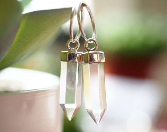 QUARTZ SILVER EARRINGS - 925 Sterling silver - Clear Quartz - Gemstones - Birthstone - Polished Healing Crystal - Cleansing Reiki jewellery
