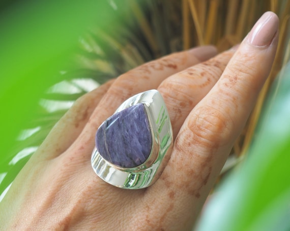 LUXURY STATEMENT RING - Charoite Crystal - Incredible Adjustable Ring - 925 Sterling Silver - Purple healing crystal - Chunky Ring - Chakra