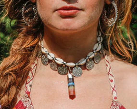 RAINBOW CHAKRA CHOKER - 7 Chakras - Necklace - Hippie - Crystal Necklace - Choker - Shell - Festival- Rainbow Jewelry - Coin Necklace