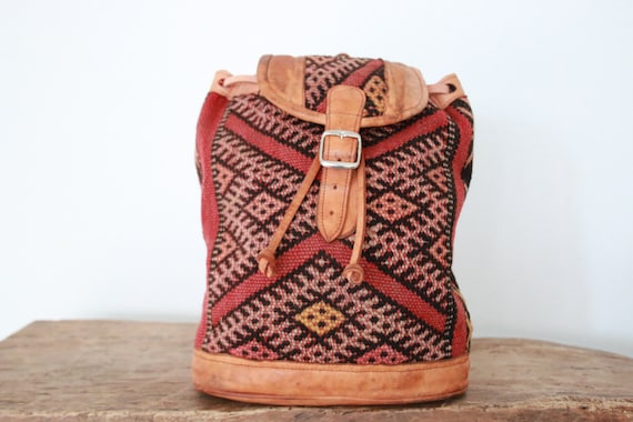 XL CARPET BACKPACK - Vintage rucksack - Hippie Backpack - Aztec - Moroccan Rug Bag - Navajo Leather rucksack - Student Gift - 70's Retro