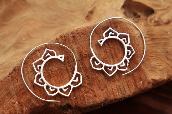 LOTUS SPIRAL EARRINGS - Silver plated Earrings - Tribal Twist - Sacred Geometry - Ethnic - Sale - Stocking Filler Gift - Hippie - Mandala