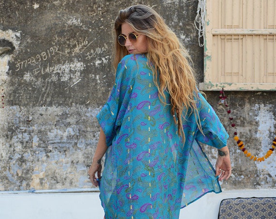 BLUE PAISLEY KIMONO - A symmetrical Kimono - Silk Cover Up - Beach - Kaftan - Summer - Festival fashion - Maxi dress - Upcylce - 60's - 70's