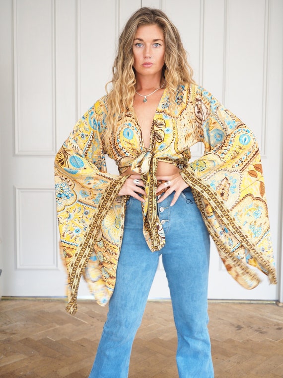 BELLA TIE TOP - Xl Bell sleeve top - Batwing Wrap Crop Top - Indian Silk - Oriental Style - Gold Print - Summer Bell sleeve - Hippie Shake