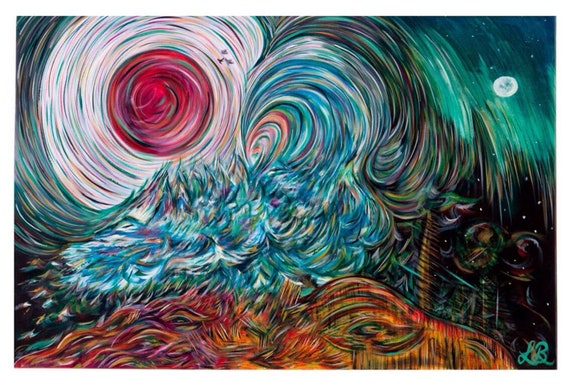 OPHELIA - Red Sun - Sea Storm A4 Print - Wall Mount - Hand Painted - Desert - Psychedelic Trippie Artwork - Discordia - Ocean - Cosmic Paint