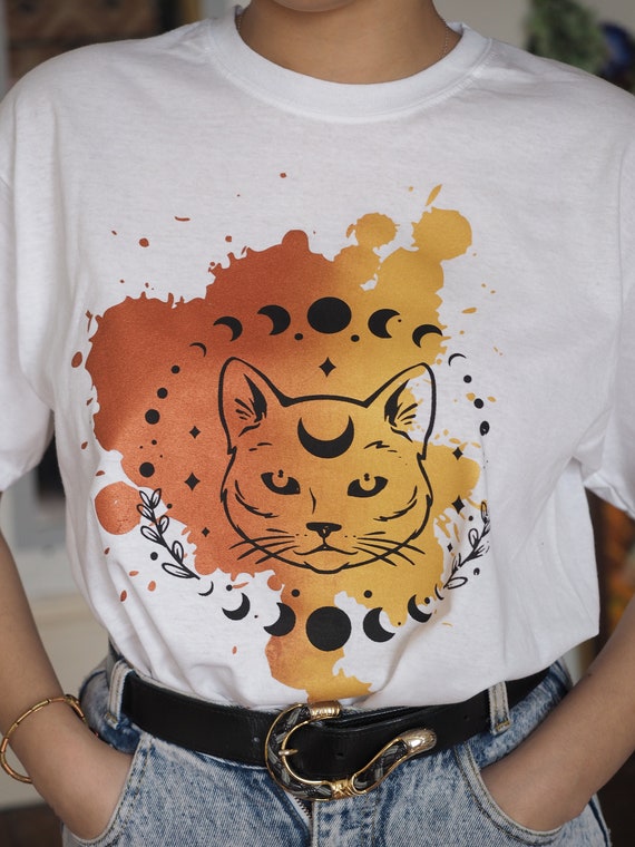 COSMIC CAT TEE - Screen Print - Limited Edition - Vegan Approved T-shirt - 100% Cotton - Non Binary - Unisex Top - Metallic ink - Moonphase