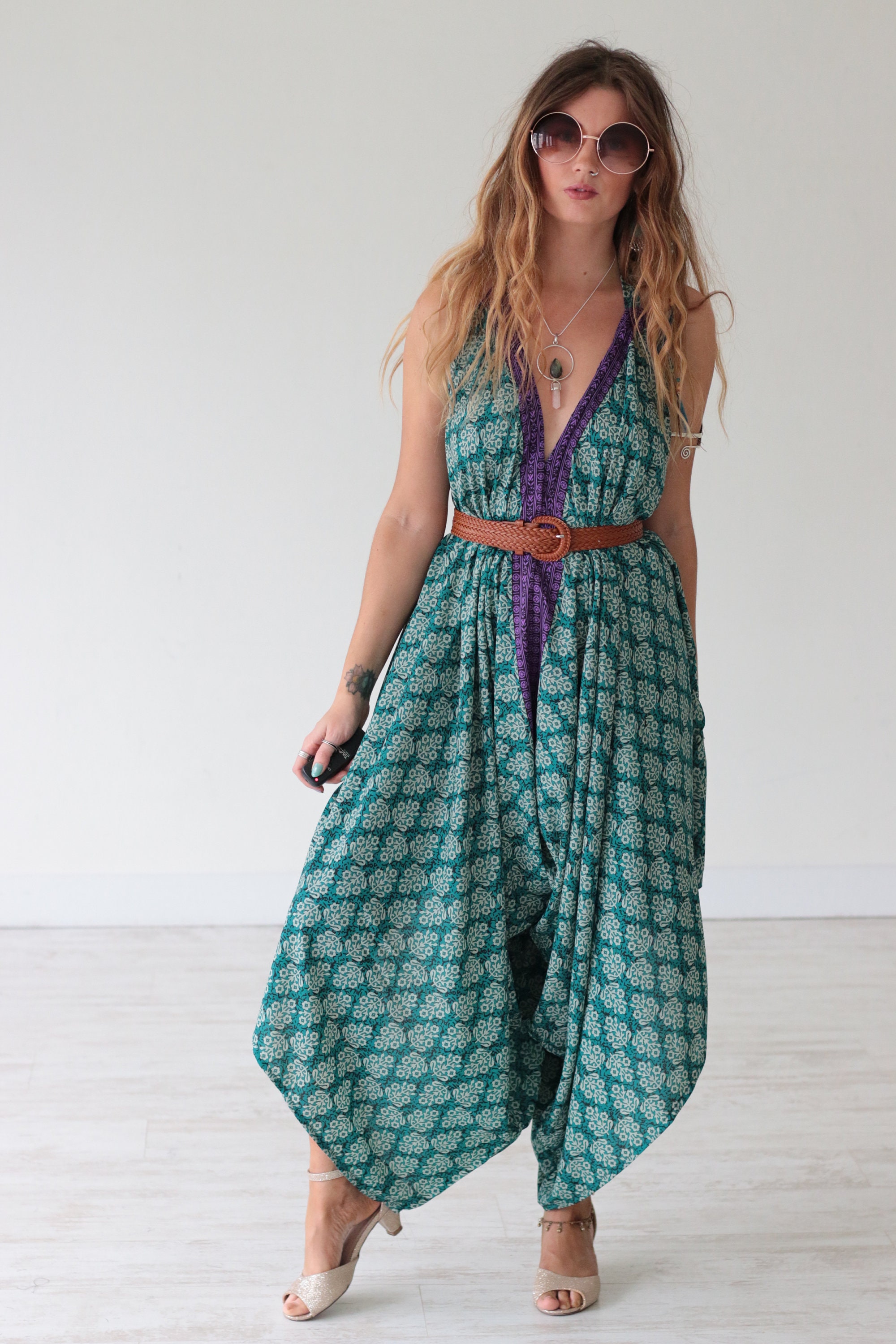 INDIAN HAREM JUMPSUIT - Vintage Silk - Block Print - Spring - Festival ...