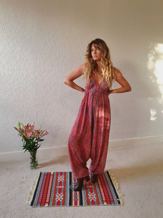 PINK LUXE HAREM - Romper Suit - Super Soft Playsuit - Vintage 70's - 60's Sari - Hippie Style - Halter neck - Backless - Ruby Sparrow Summer