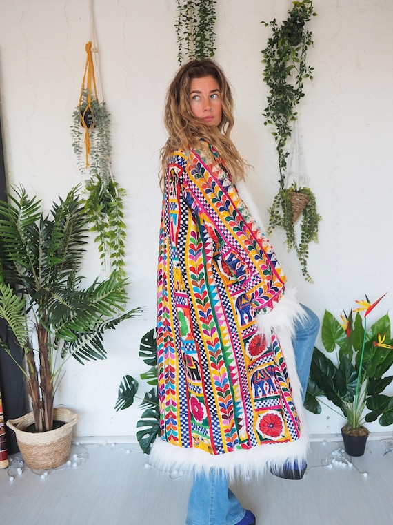 VINTAGE AFGHAN JACKET - Unisex - Embroidered Faux Fur - Embroidery - 70's 60's - Rainbow Bohemian Coat - Hippie Folk Festival Coat - Rave