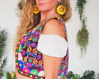 BESTICKTE FOLK-WESTE - Indische Spiegelweste - Quasten - Gesteppte Zara-Stil - Mexikanisch - Vintage - 70er - Sommer - Festival - Florale Hippy