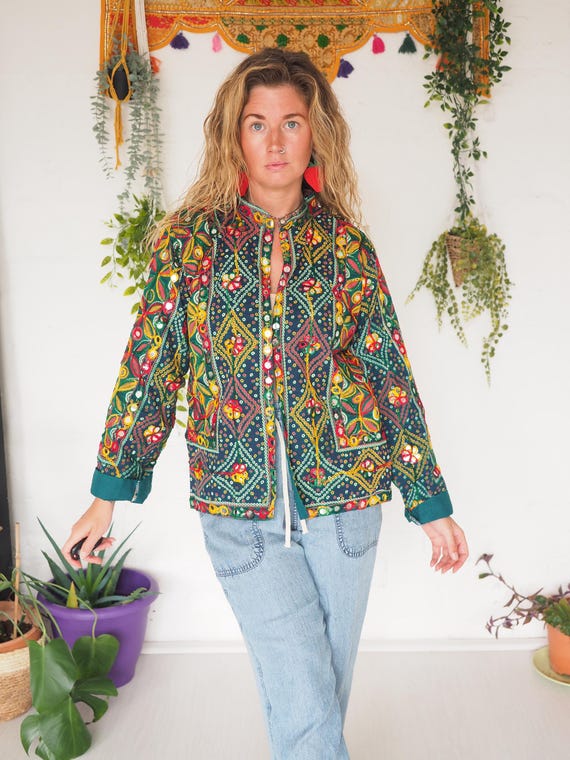 LIGHTWEIGHT MIRROR JACKET - Sequin Mirror Crop - Summer Coat - Kantha - Festival - Embroidered Embellished Vintage Zara style Blazer - Boho