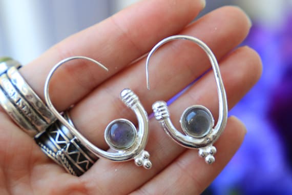 LABRADORITE HOOK EARRING - Silver Plated Earrings - Healing Crystal Jewellery - Boho - Vintage - Festival - Gift - Gemstone Earrings - Moon
