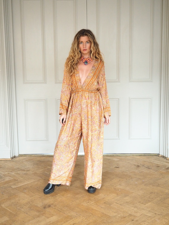 SUNSHINE KISS JUMPSUIT - Wide leg Romper - Straight leg - Recycled Silk - 70's boiler suit - Gunne Sax Style Trouser - Boho Christmas Outfit