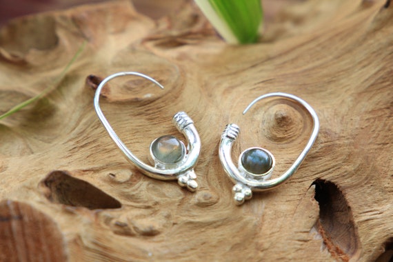 LABRADORITE HOOK EARRING - Silver Plated Earrings - Healing Crystal Jewellery - Boho - Vintage - Festival - Gift - Gemstone Earrings - Moon