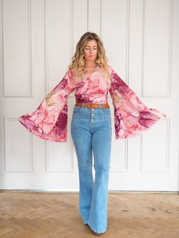LUXE BELL SLEEVE - Slow Fashion - Recycled Sari Silk - Repurposed Fabric - Stevie nicks - Wrap tie top - 60's 70's - Hippie shake Crop top