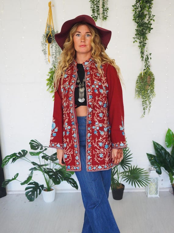 SGT PEPPER JACKET - Embroidered Tunic Dress - 60's Vintage Coat - Retro Beatles Shirt - Aari Kimono - Wool Cotton blend - 70's Winter Boho