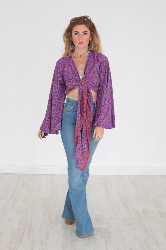 STEVIE BELL SLEEVE - Bell sleeve top - Crop Top - Vintage - Festival - Hippie - Retro - 70s - 60'S - Recycled Silk - Kimono - Cape - Beach