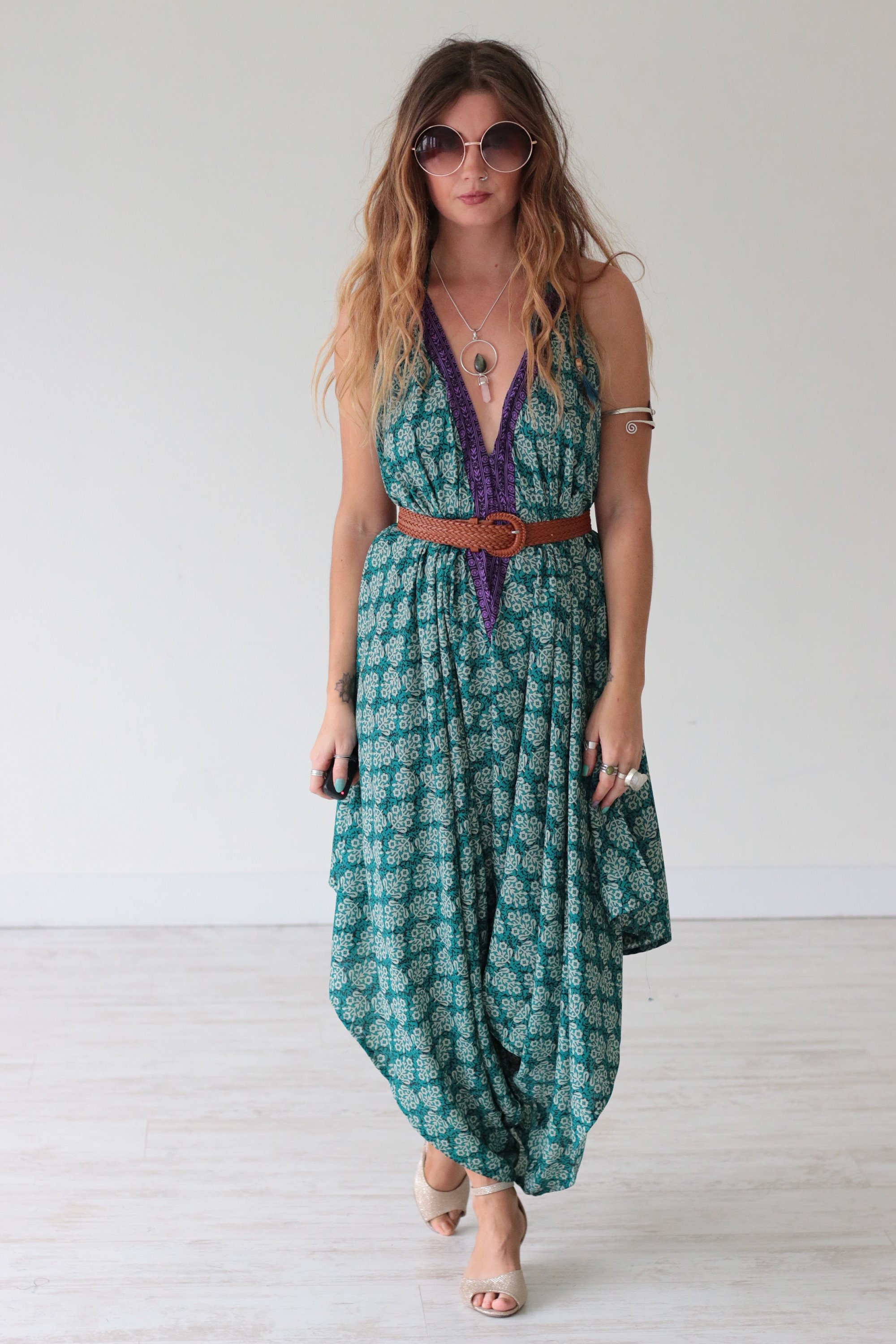 INDIAN HAREM JUMPSUIT - Vintage Silk - Block Print - Spring - Festival ...