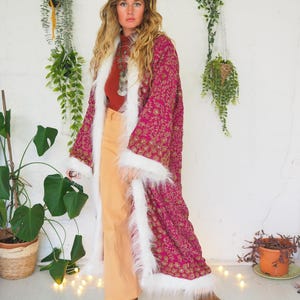 PINK SPARKLE COAT - Reworked Vintage Silk Afghan Coat - Unisex Kaftan - Embroidered Faux Fur coat - Snow - Christmas - Sequin Glitter Mirror