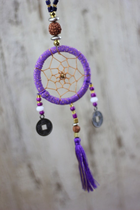 PURPLE DREAMCATCHER NECKLACE - Navajo - Car Decoration - Wall Hanging - Rudrashka beads - Sacred Dreams - Tribal inspired - Coin prosperity