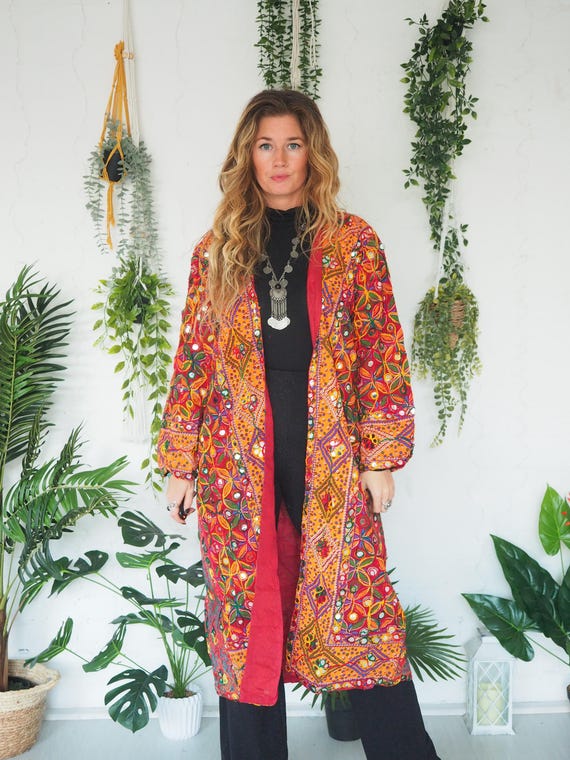 LONG MIRROR JACKET - Lightweight Sequin Kimono - Cotton Embroidered Coat - Summer - Festival jacket - Bohemian Unisex clothing - Vintage