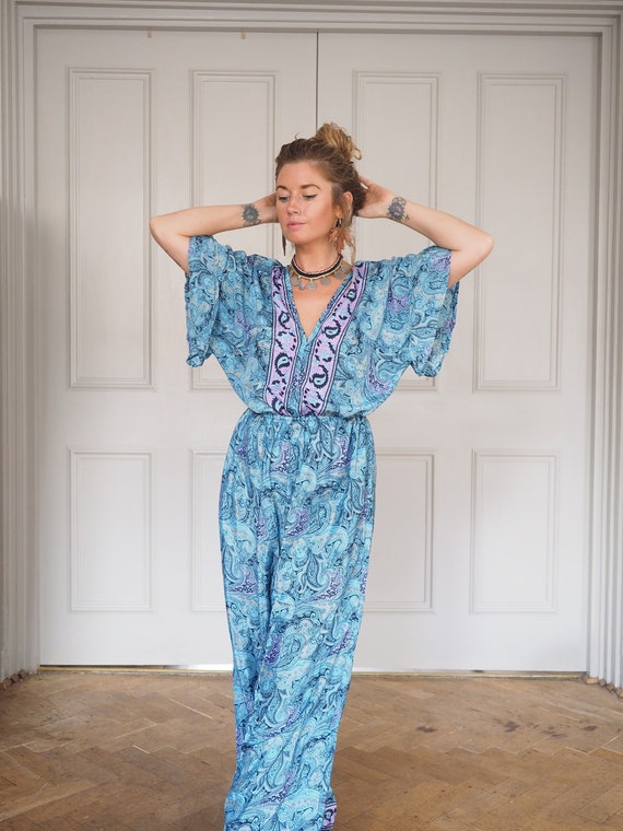 BLUE PAISLEY JUMPSUIT - With pockets - Wide leg Boiler Suit - Flares - Recycled Sari Silk - Batwing - 60's 70's - Boho Winter - Vintage