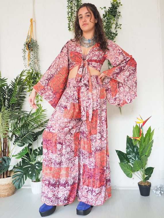 VINTAGE SILK SET - 2 Piece Silk blend Trouser set - Wide Leg - Flared - Winter Hippie Co Ord - Tie Dye - Floral - Bohemian Autumn Paisley