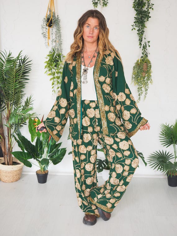 SEQUIN TWO PIECE - Kimono Trouser set - Sequin Sari Suit - Long Trousers - Co-ord pant set - Vintage - Summer - Wedding
