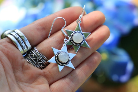 MOONSTONE STAR EARRINGS - Oxodised Silver Earrings - Moonstone - Healing Crystal Jewellery - Chakra Earrings - Boho - Vintage - Festival