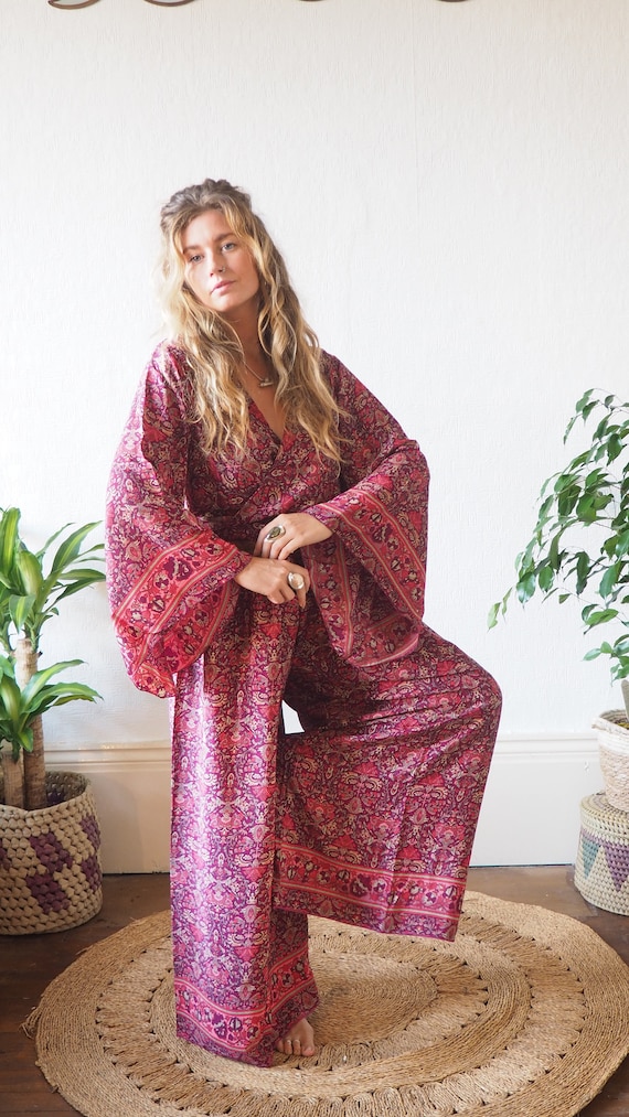 70'S 2 PIECE SET - Silk Blend Jumpsuit - Bell sleeve & Trouser set - Jumpsuit Style - Wide leg Flares - Lounge wear - 60's pant set - Folk