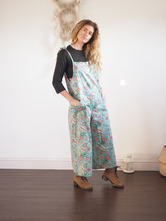BLOCK PRINT JUMPSUIT - Ruby Sparrow Overalls - Soft Cotton Dungarees - Floral Print - Lucy and Yak Style - Unisex - Summer - Wide Leg Pants