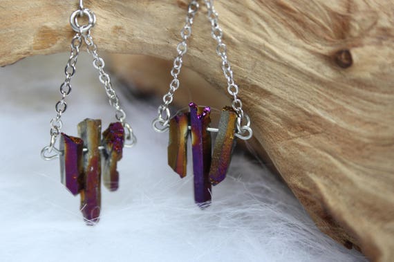 TITANIUM QUARTZ EARRINGS - Quartz Earrings - Dangle Earrings - Silver plated - Healing Crystal - Rainbow Crystal - Chakra - Aura Quartz Gift