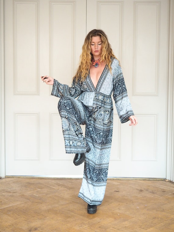 BARDOT SILK JUMPSUIT - Wide leg Boiler Suit - Straight leg - Recycled Sari Silk - Gunne Sax Style - Boho Christmas Outfit - Plunging V neck