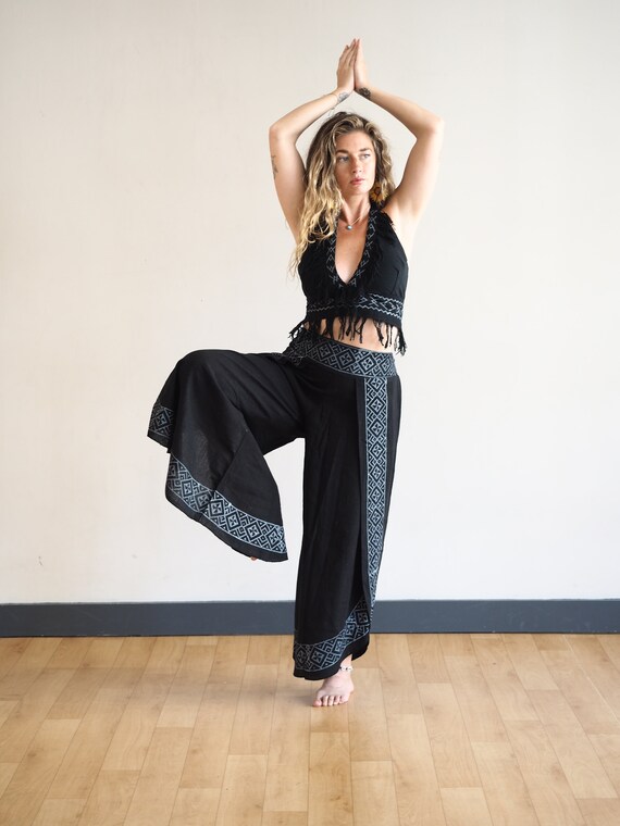 BOHO BLACK TROUSER - Cotton block print pants - Linen Yoga trousers - Beach - Lightweight - Travel - Natural Recycled fabric - Summer flare