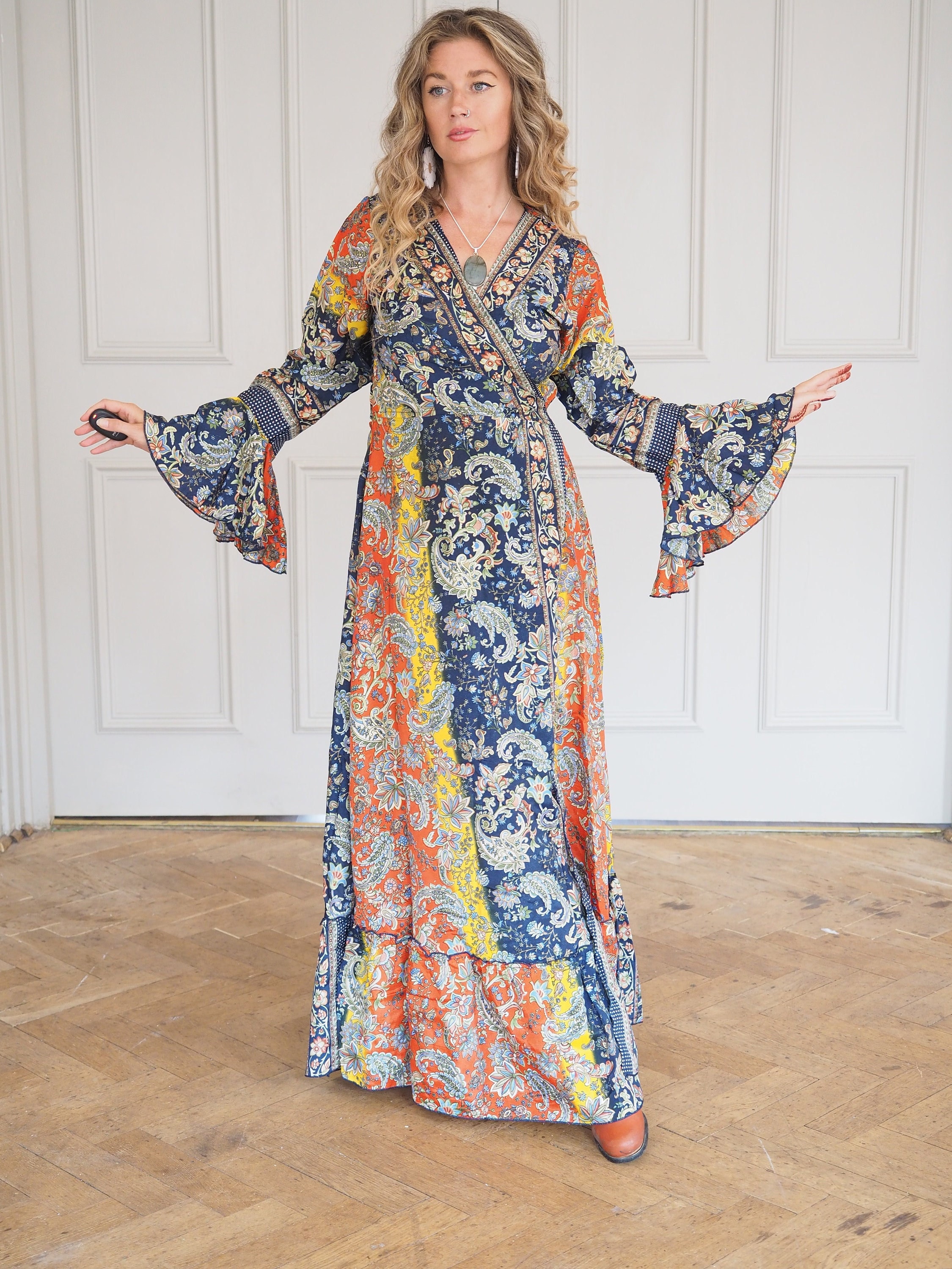 SKA Boho Flare Bell Sleeves Maxi Wrap Kimono Dress- Red Orange