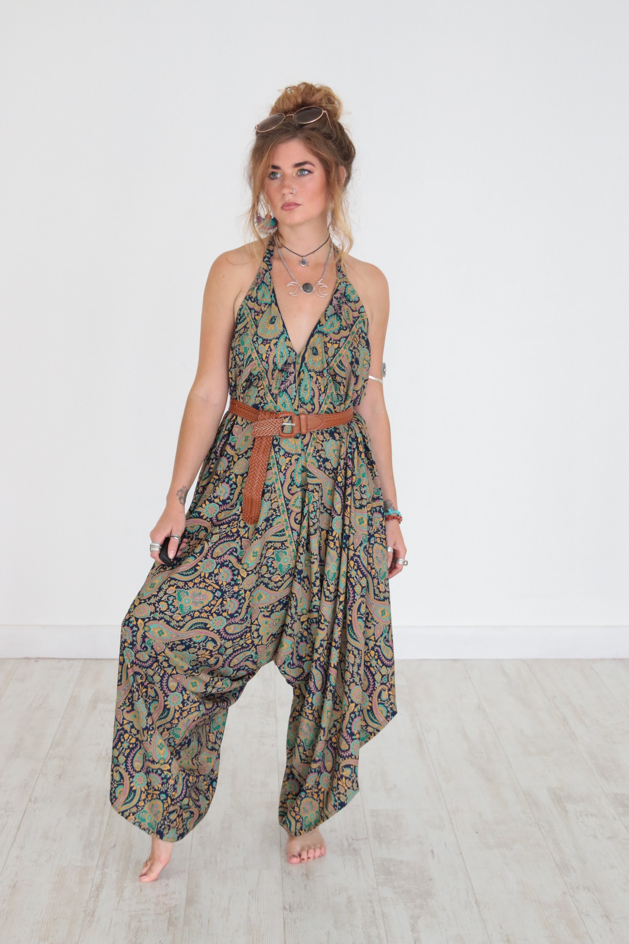 PAISLEY FLARE JUMPSUIT - Vintage - Festival - Backless Harem jumpsuit ...