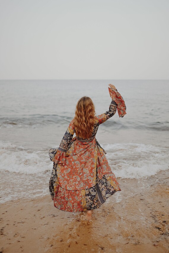 FIRE SKY FLEETWOOD - Wrap Top - Bell sleeve Kimono Dress - Maxi summer dress - Stevie Nicks - Vintage Summer Silk - Beach - Festival Boho